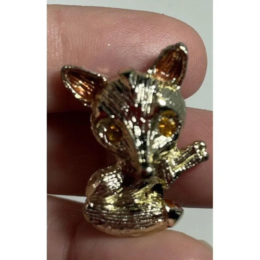 Gold Tone Fox Animal Brooch Pin Rhinestone Brown Eyes